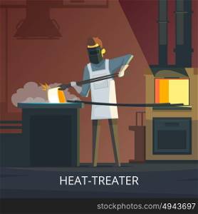 Blacksmith At Work Retro Cartoon Poster. Blacksmith heat treating steel on anvil retro cartoon poster of hardening and tempering metalworking process vector illustration