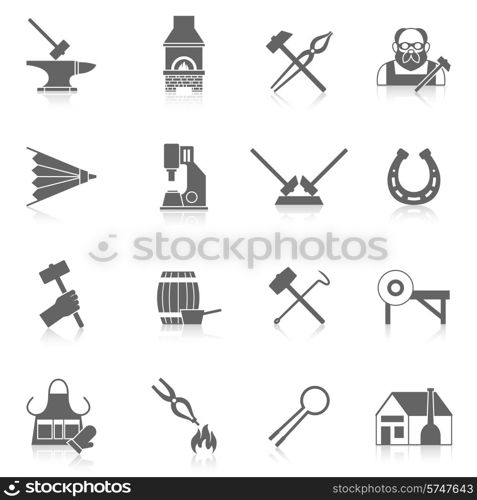 Blacksmith black icon set with metal welding and molding tools isolated vector illustration