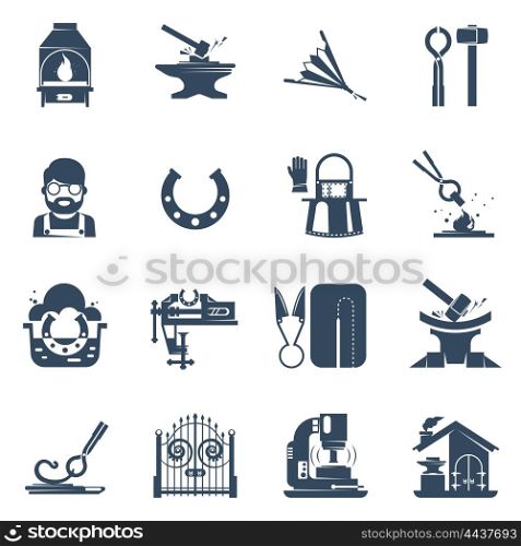 Blacksmith Black Icons Set . Blacksmith black icons set with tin snips hammer anvil iron gates welding machine isolated vector illustration