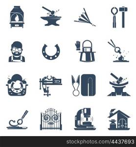 Blacksmith Black Icons Set . Blacksmith black icons set with tin snips hammer anvil iron gates welding machine isolated vector illustration