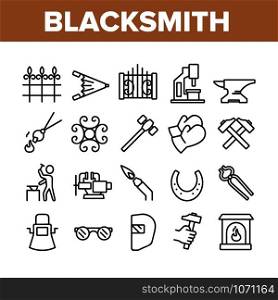Blacksmith Collection Elements Icons Set Vector Thin Line. Wrought Fence And Gate, Railing And Signboard, Glasses And Gloves, Blacksmith Concept Linear Pictograms. Monochrome Contour Illustrations. Blacksmith Collection Elements Icons Set Vector