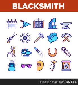 Blacksmith Collection Elements Icons Set Vector Thin Line. Wrought Fence And Gate, Railing And Signboard, Glasses And Gloves, Blacksmith Concept Linear Pictograms. Color Illustrations. Blacksmith Collection Elements Icons Set Vector