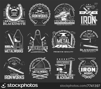 Blacksmith custom metal and iron work icons. Blacksmith workshop, forging craftsman vector retro emblems set. Blacksmith apron, horseshoe and sledgehammer, tongs, forge bellows and steel chain, anvil. Blacksmith workshop, iron and metal works icons