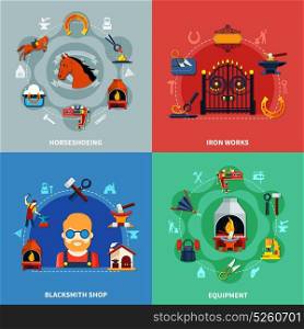 Blacksmith Design Concept Set. Blacksmith design concept set of four colorful iron works compositions with doodle icons of horseshoeing equipment vector illustration