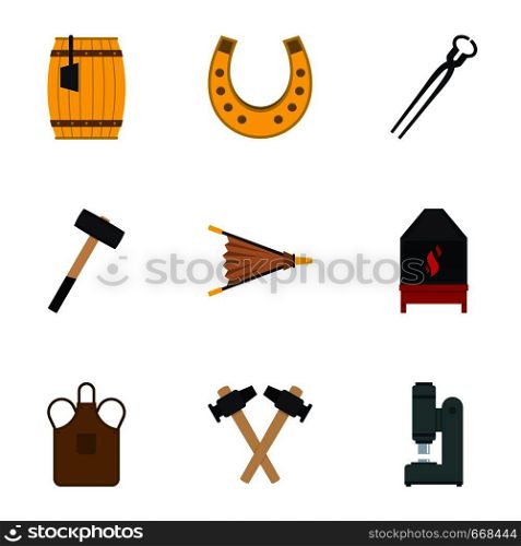 Blacksmith equipment icon set. Flat set of 9 blacksmith equipment vector icons for web isolated on white background. Blacksmith equipment icon set, flat style