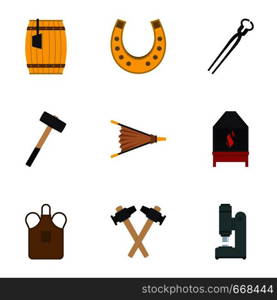 Blacksmith equipment icon set. Flat set of 9 blacksmith equipment vector icons for web isolated on white background. Blacksmith equipment icon set, flat style