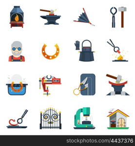 Blacksmith Flat Color Icons Set. Blacksmith flat color icons set with hammer anvil tongs clamp horseshoe isolated vector illustration