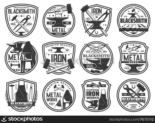 Blacksmith forge works on steel and metal, vector icons of smith hammer and anvil. Blacksmith foundry badges of metal iron, welding craftsman workshop service emblems of apron, horseshoe and furnace. Blacksmith forge works, steel metal smith hammer