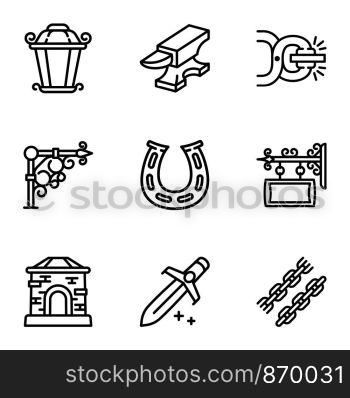 Blacksmith icon set. Outline set of 9 blacksmith vector icons for web design isolated on white background. Blacksmith icon set, outline style