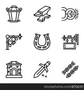 Blacksmith icon set. Outline set of 9 blacksmith vector icons for web design isolated on white background. Blacksmith icon set, outline style