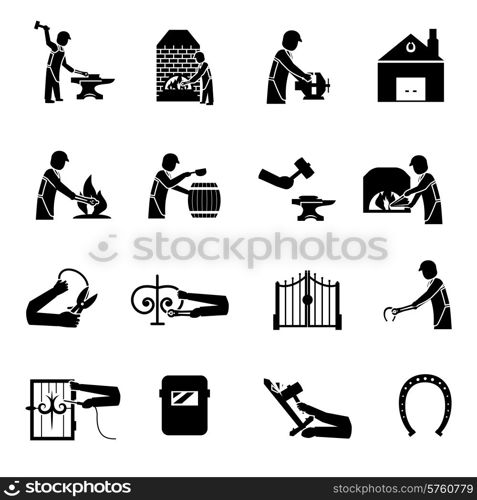 Blacksmith icons black set with man welding molding forging bending metal isolated vector illustration. Blacksmith Icons Black