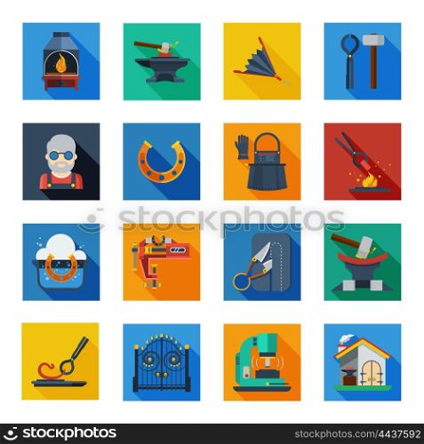 Blacksmith Icons In Colorful Squares . Blacksmith icons set of smithy tools work apron horseshoe welding machine in colorful squares flat vector illustration