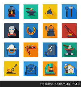 Blacksmith Icons In Colorful Squares . Blacksmith icons set of smithy tools work apron horseshoe welding machine in colorful squares flat vector illustration