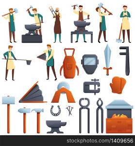 Blacksmith icons set. Cartoon set of blacksmith vector icons for web design. Blacksmith icons set, cartoon style
