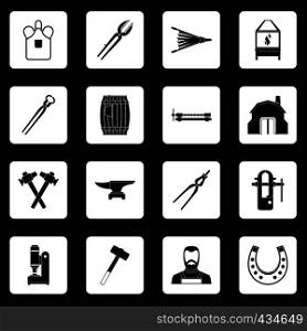Blacksmith icons set in white squares on black background simple style vector illustration. Blacksmith icons set squares vector