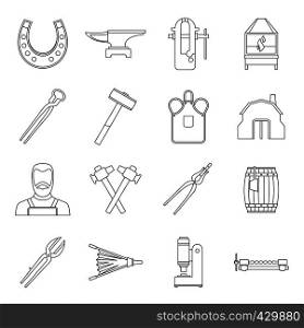 Blacksmith icons set. Outline illustration of 16 blacksmith vector icons for web. Blacksmith icons set, outline style