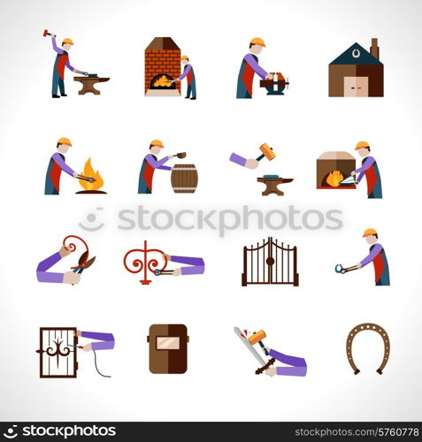 Blacksmith icons set with metal iron steel work tools isolated vector illustration. Blacksmith Icons Set