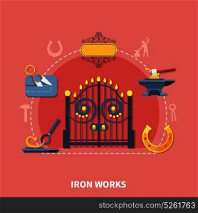 Blacksmith Iron Works Background. Iron works composition with wrought iron fence signboard horseshoe drop forging images and blacksmith equipment silhouettes vector illustration