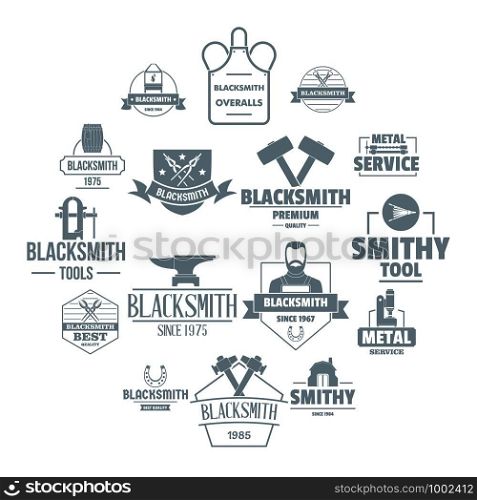 Blacksmith metal logo icons set. Simple illustration of 16 blacksmith metal logo vector icons for web. Blacksmith metal logo icons set, simple style