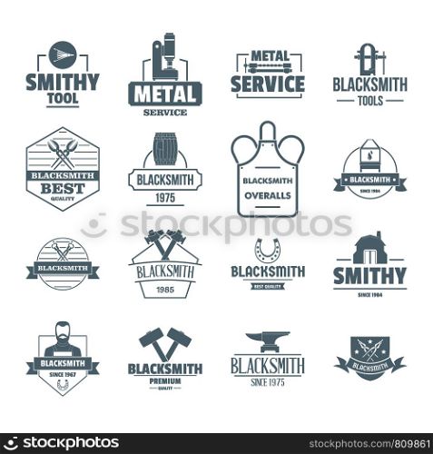Blacksmith metal logo icons set. Simple illustration of 16 blacksmith metal logo vector icons for web. Blacksmith metal logo icons set, simple style