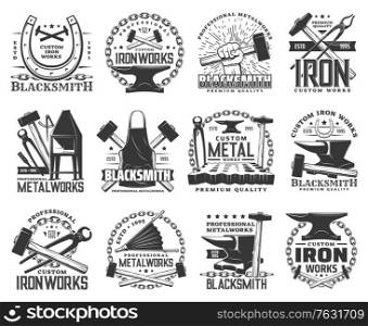 Blacksmith, metal or iron work vector icons with metalworking tools. Anvils, forge hammers and sladgehammers, horseshoes, chain and tongs, calipers, vintage hand bellows and forging furnace. Blacksmith, metal or iron work rool icons