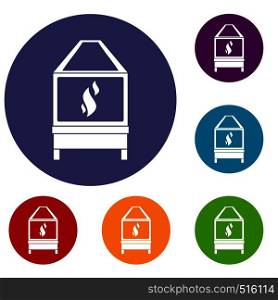 Blacksmith oven with flame fire icons set in flat circle red, blue and green color for web. Blacksmith icons set