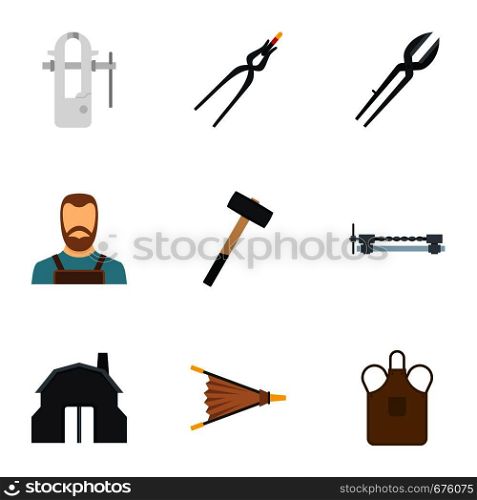 Blacksmith profession icon set. Flat set of 9 blacksmith profession vector icons for web isolated on white background. Blacksmith profession icon set, flat style