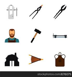 Blacksmith profession icon set. Flat set of 9 blacksmith profession vector icons for web isolated on white background. Blacksmith profession icon set, flat style
