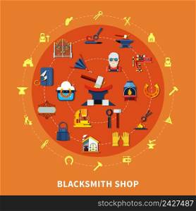 Blacksmith round composition with colorful forged product icons inscribed in circle with hammerwork equipment silhouette pictograms vector illustration. Blacksmith Shop Signs Composition