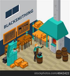 Blacksmith Shop Facility Indoor Isometric Poster . Blacksmith forging wrought iron on anvil isometric poster with smith shop tools materials and machinery vector illustration