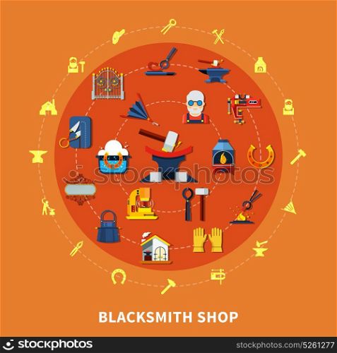 Blacksmith Shop Signs Composition. Blacksmith round composition with colorful forged product icons inscribed in circle with hammerwork equipment silhouette pictograms vector illustration