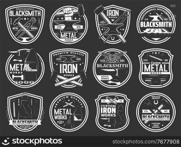 Blacksmith steel forging, iron and metal works workshop vector icons. Blacksmith foundry anvil and hammer in hand signs and metalwork emblems, forged products and custom iron works equipment tools. Blacksmith icons, iron work workshop steel forging