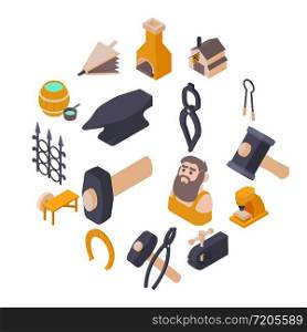 Blacksmith tools icons set. Isometric illustration of 16 Blacksmith tools icons set vector icons for web. Blacksmith tools icons set, isometric style