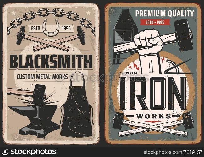 Blacksmith work, steel metal forge retro posters, vector retro posters. Blacksmith anvil and hammer in hand, metal forging industry, metalsmith furnace and foundry tools, horseshoes and iron chain. Blacksmith work, steel metal forge retro posters