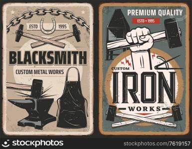 Blacksmith work, steel metal forge retro posters, vector retro posters. Blacksmith anvil and hammer in hand, metal forging industry, metalsmith furnace and foundry tools, horseshoes and iron chain. Blacksmith work, steel metal forge retro posters