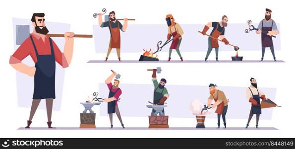 Blacksmith worker. Character with hammer making steel sword in foundry workshop hardware tools exact vector cartoon persons. Illustration of worker blacksmith characters. Blacksmith worker. Character with hammer making steel sword in foundry workshop hardware tools exact vector cartoon persons
