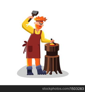 Blacksmith Worker With Hammer Forge Iron Vector. Blacksmith Strong Man With Industrial Instrument Equipment And Anvil. Heavy Work Smith Farrier Character With Industry Tool Flat Cartoon Illustration. Blacksmith Worker With Hammer Forge Iron Vector