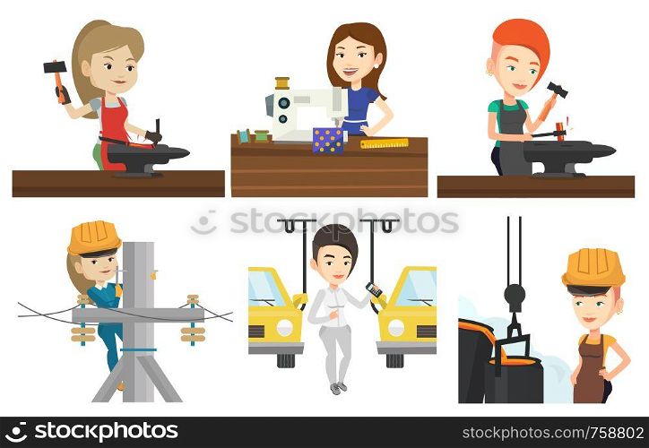Blacksmith working metal with hammer on the anvil. Blacksmith at work in smithy. Blacksmith forging the molten metal on anvil. Set of vector flat design illustrations isolated on white background.. Vector set of industrial workers.