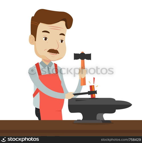 Blacksmith working metal with hammer on the anvil in the forge. Blacksmith at work in smithy. Blacksmith forging the molten metal on anvil. Vector flat design illustration isolated on white background. Blacksmith working metal with hammer on the anvil.