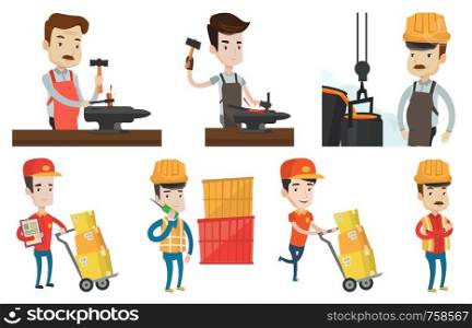 Blacksmith working metal with hammer on the anvil in the forge. Blacksmith at work in smithy. Blacksmith forging the molten metal. Set of vector flat design illustrations isolated on white background.. Vector set of industrial workers.