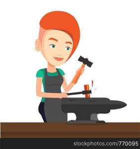 Blacksmith working metal with hammer on the anvil in the forge. Blacksmith at work in smithy. Blacksmith forging the molten metal on anvil. Vector flat design illustration isolated on white background. Blacksmith working metal with hammer on the anvil.