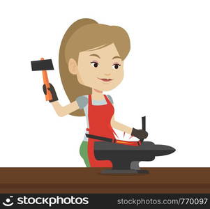 Blacksmith working metal with hammer on the anvil in the forge. Blacksmith at work in smithy. Blacksmith forging the molten metal on anvil. Vector flat design illustration isolated on white background. Blacksmith working metal with hammer on the anvil.