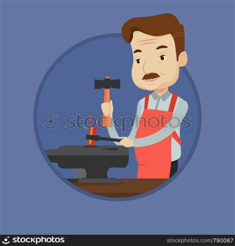 Blacksmith working metal with hammer on the anvil in the forge. Blacksmith at work in smithy. Blacksmith forging metal on anvil. Vector flat design illustration in the circle isolated on background.. Blacksmith working metal with hammer on the anvil.