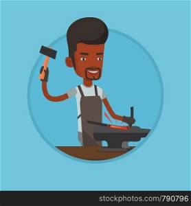 Blacksmith working metal with hammer on the anvil in the forge. Blacksmith at work in smithy. Blacksmith forging metal on anvil. Vector flat design illustration in the circle isolated on background.. Blacksmith working metal with hammer on the anvil.
