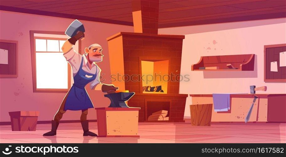 Blacksmith works with hammer and anvil in forge. Vector cartoon interior of smithy workshop with brick furnace with fire, shelves with tools and metallurgy equipment. Blacksmith works with hammer and anvil in forge