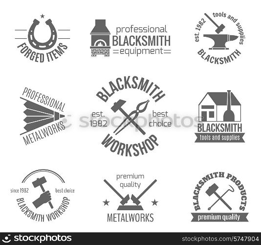 Blacksmith workshop equipment and professional metalworks label set isolated vector illustration