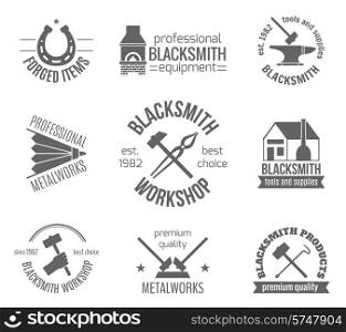 Blacksmith workshop equipment and professional metalworks label set isolated vector illustration