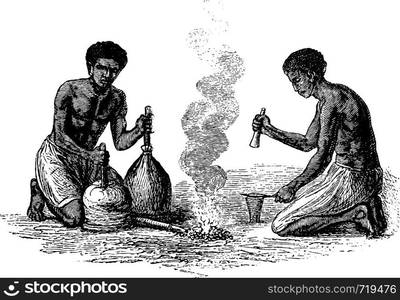 Blacksmiths of Caquingue in Angola in Southern Africa, engraving based on the English edition, vintage illustration. Le Tour du Monde, Travel Journal, 1881