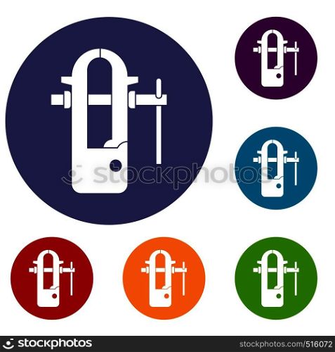 Blacksmiths vice icons set in flat circle red, blue and green color for web. Blacksmiths vice icons set