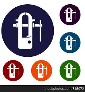 Blacksmiths vice icons set in flat circle red, blue and green color for web. Blacksmiths vice icons set